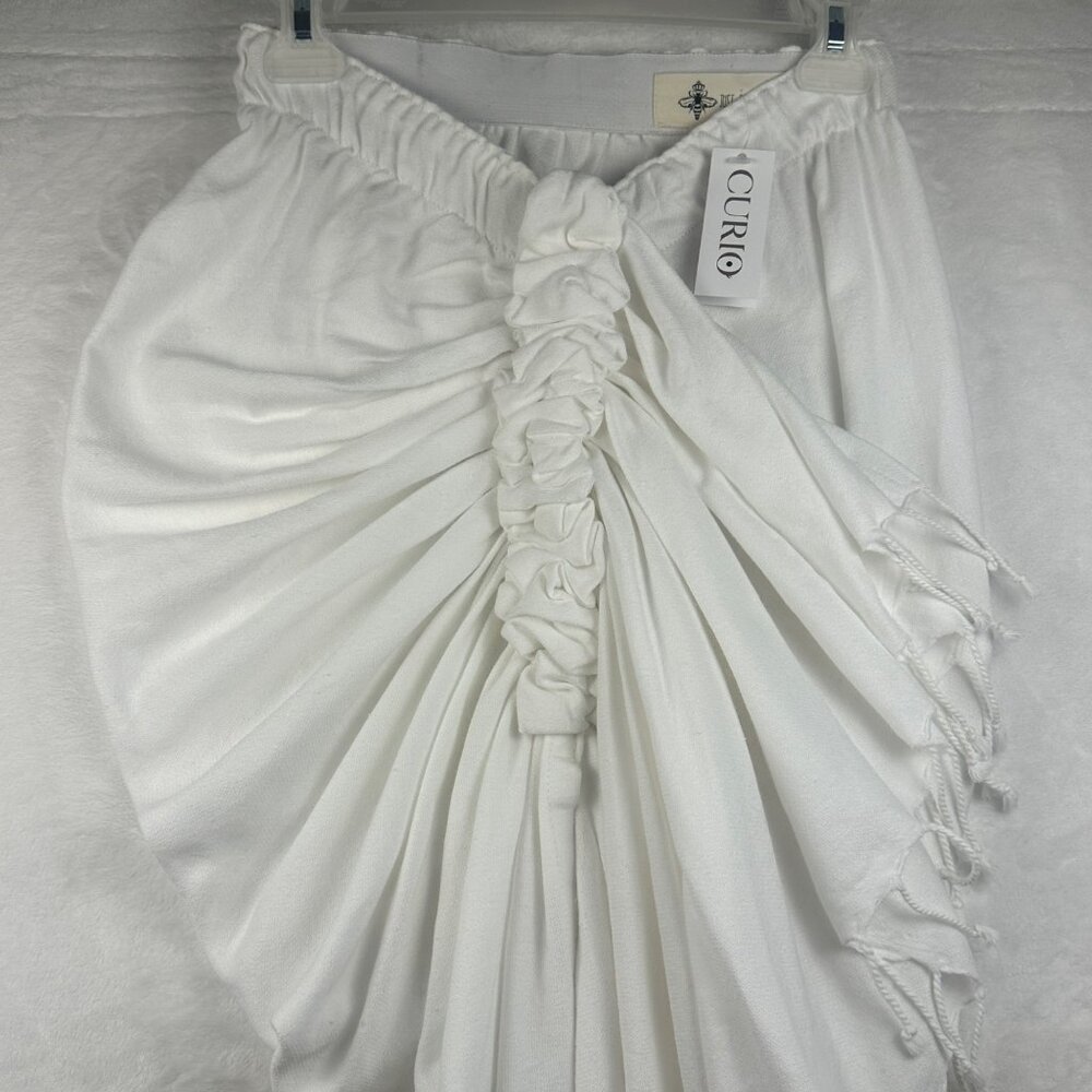 Just Bee Queen Tulum White Madi Ruched Wrap Skirt With Fringe Sz M Boho Resort - Picture 13 of 15